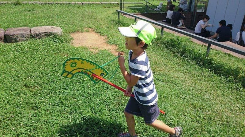Радісний японський хлопчик з іграшкою конем